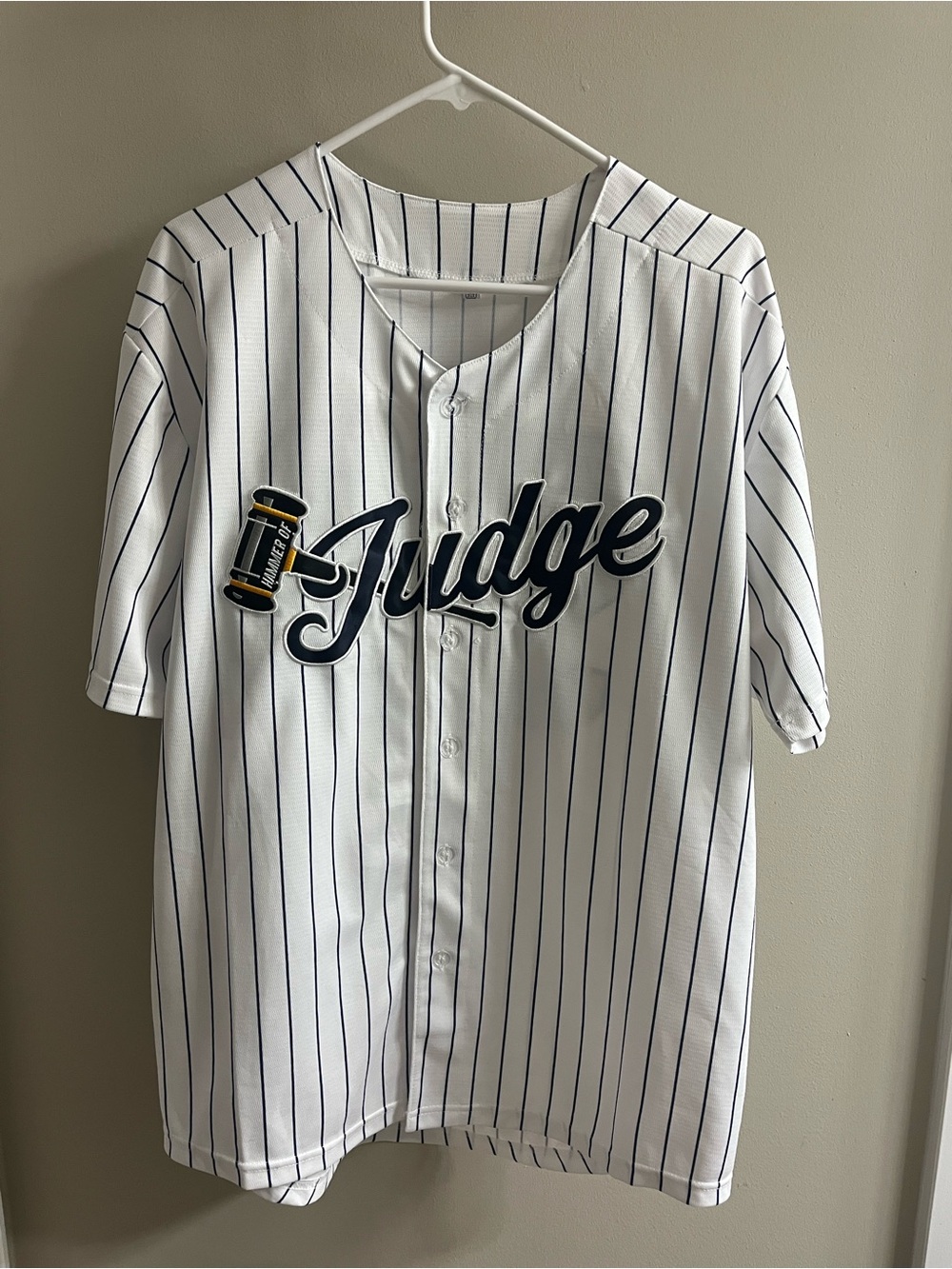 White & Navy Pinstripe 'Judge' Baseball Jersey Shirt
